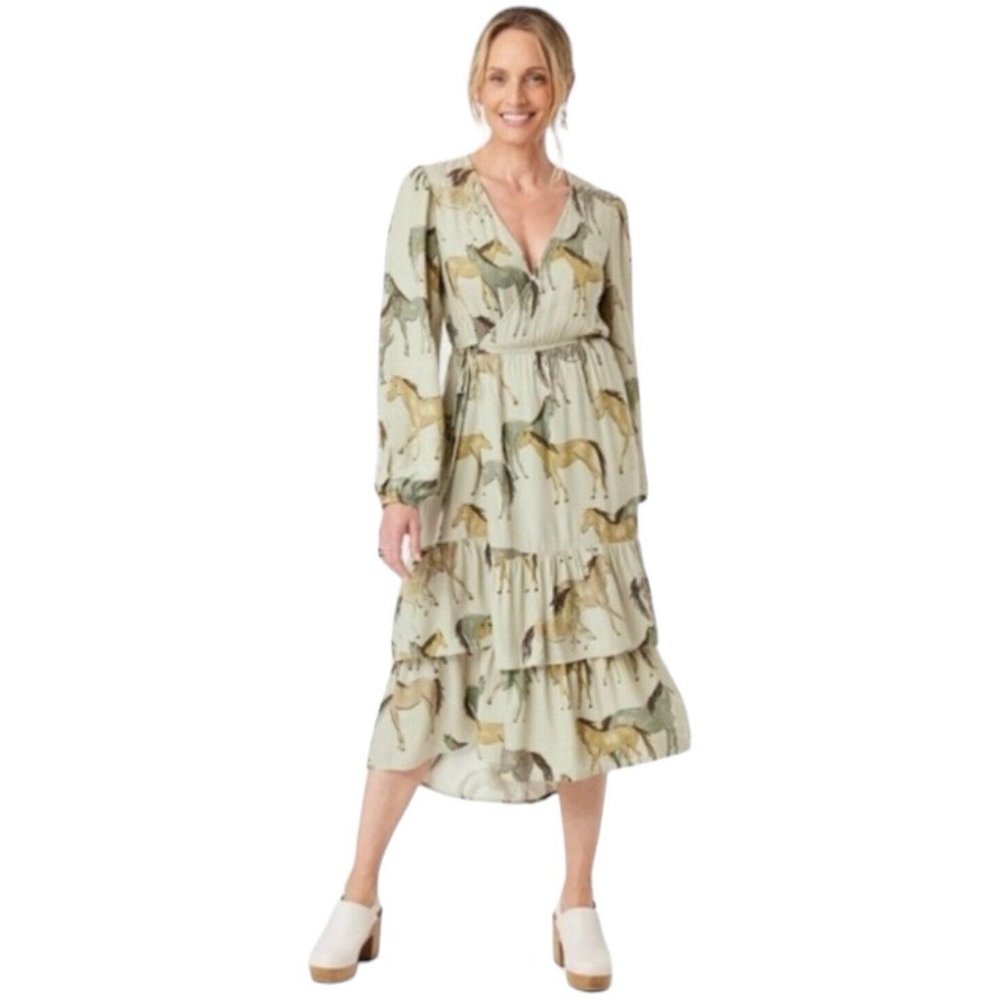 Knox Rose Womens Wrap Dress Size XS Green Horse Print Long Sleeve Tiered